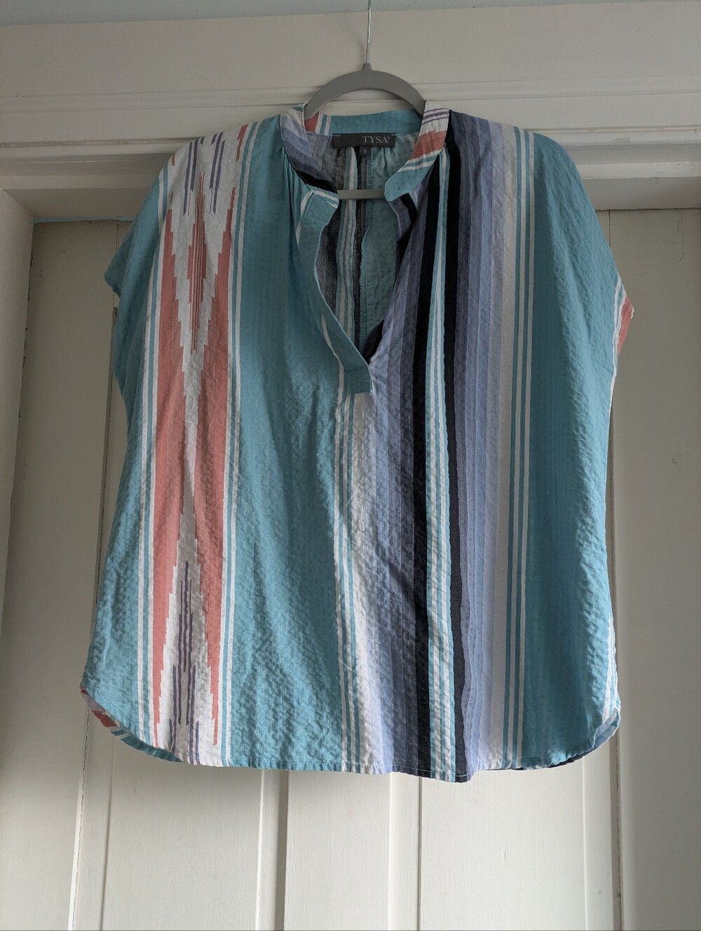 Tysa Southwest Print Striped Short Sleeve Cotton Blouse- Tysa 3 L